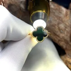 Nhẫn cỏ 4 lá ngọc Phỉ thúy mực dục Myanmar, vàng 18k - Hình ảnh 8