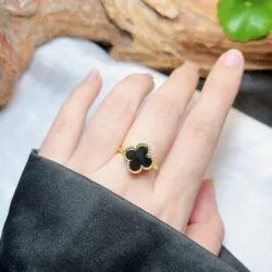Nhẫn cỏ 4 lá ngọc Phỉ thúy mực dục Myanmar, vàng 18k