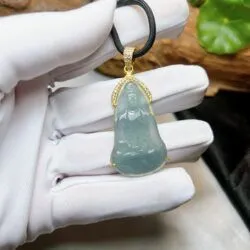 Phật quán thế âm bồ tát ngọc Phỉ thúy lam thủy, vàng 18k - Hình ảnh 9