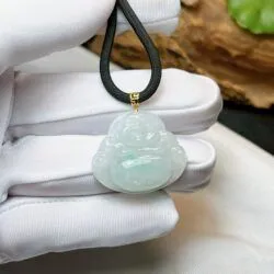 Phật Di Lặc ngọc phỉ thuý nếp băng Myanmar, móc vàng 18k - Hình ảnh 3