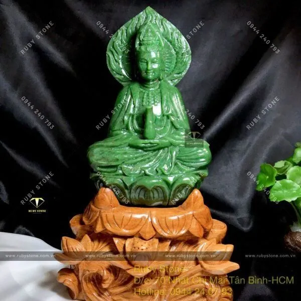 Phật quán thế âm bồ tát ngọc Phỉ thúy lam thủy, vàng 18k
