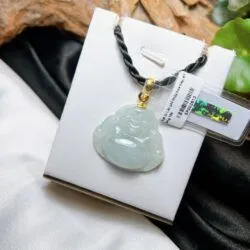 Phật Di Lặc ngọc phỉ thuý điểm hoa bay Myanmar, móc vàng 18k - Hình ảnh 4