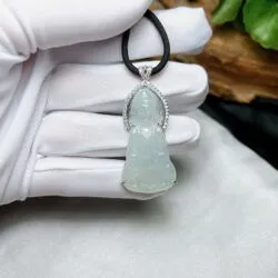 Quán thế âm bồ tát ngọc Phỉ thuý nếp băng, vàng trắng 14k - Hình ảnh 6
