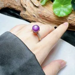 Nhẫn trái châu đá Ruby sao thiên nhiên, vàng 18k