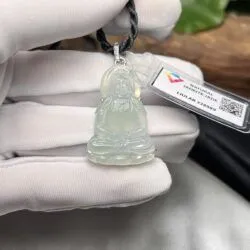 Mặt dây Quán thế âm bồ tát ngọc Phỉ thuý băng chủng Myanmar, vàng trắng 14k - Ảnh 2