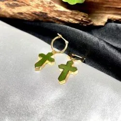 Khuyên tai thánh giá Ngọc bích Canada, vàng 18k - Hình ảnh 7