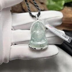 Mặt dây Quán thế âm bồ tát ngọc Phỉ thuý Muna, vàng trắng 14k - Hình ảnh 7