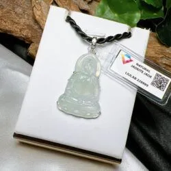 Mặt dây Quán thế âm bồ tát ngọc Phỉ thuý băng chủng Myanmar, vàng trắng 14k - Ảnh 3