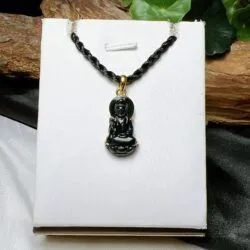 Mặt dây Quán thế âm bồ tát ngọc Phỉ thuý mực dục Myanmar, vàng 18k