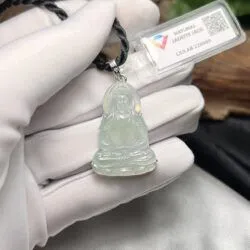 Mặt dây Quán thế âm bồ tát ngọc Phỉ thuý băng chủng Myanmar, vàng trắng 14k - Ảnh 4