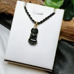 Mặt dây Quán thế âm bồ tát ngọc Phỉ thuý mực dục Myanmar, vàng 18k - Hình ảnh 4