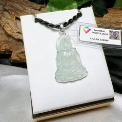 Mặt dây Quán thế âm bồ tát ngọc Phỉ thuý băng chủng Myanmar, vàng trắng 14k - Ảnh 6