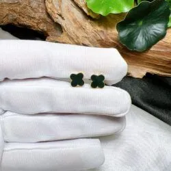 Khuyên tai ngọc Phỉ thuý mực dục Myanmar, vàng hồng 18k