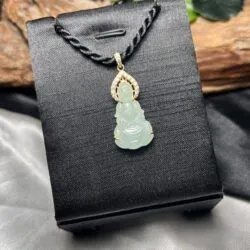 Quán thế âm bồ tát ngọc Phỉ thuý lão lam thuỷ Myanmar, vàng 18k - Ảnh 4