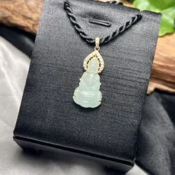 Quán thế âm bồ tát ngọc Phỉ thuý lão lam thuỷ Myanmar, vàng 18k - Ảnh 5