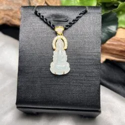 Quán thế âm bồ tát ngọc Phỉ thuý lão lam thuỷ Myanmar, vàng 18k - Ảnh 3