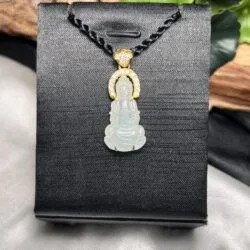 Quán thế âm bồ tát ngọc Phỉ thuý lão lam thuỷ Myanmar, vàng 18k - Ảnh 6